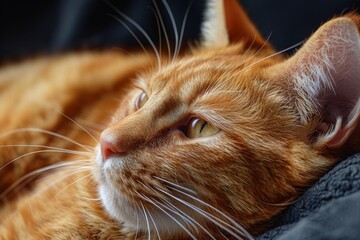 Intimate close-up of a ginger cat lying down with a serene expression, showing the comfort and calmness of pets