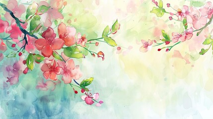 Generative AI image of a watercolor garden scene with radiant pink flowers