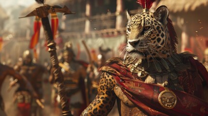 Proudly displaying his achievements an Aztec jaguar warrior carries a trophy of captured enemy warriors maintaining his status as an elite member of society.