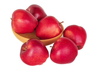 Three red apples on a white background and three in a wooden bowl. Healthy food. Apple isolate.
