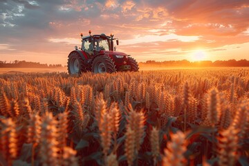 The serene sunset sets a dramatic backdrop as a tractor plows through a cornfield, representing tireless work in agriculture