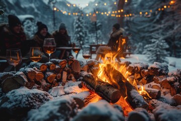 An intimate outdoor gathering around a bonfire on a snowy winter night with soft lighting