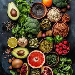 Vibrant and Healthy Ingredients for a Delicious Meal on a Dark Background - Flat Lay