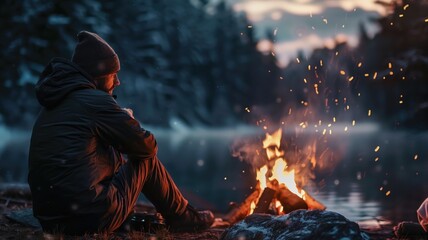 Man sitting by a campfire in a winter forest at dusk