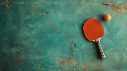 A red table tennis paddle with a bright orange ball on a worn turquoise table, ready for a game