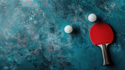 Table tennis paddle and ball on a textured blue surface