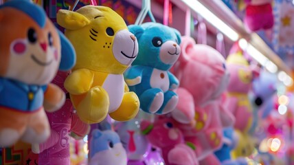 Fototapeta na wymiar Soft toys hanging at a carnival game booth, colorful prizes