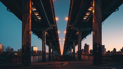 Striking perspective of an urban bridge with glowing lights leading into the city at night