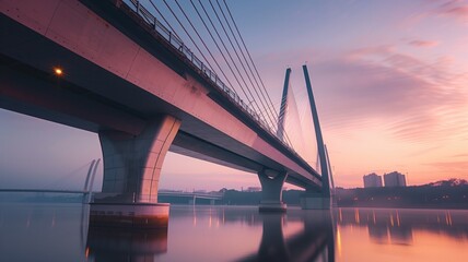Fototapeta premium A modern cable-stayed bridge spans a tranquil river at dusk, the sky painted in soft pink and blue hues