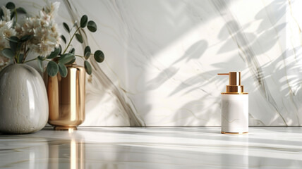 Elegant soap dispenser on a marble bathroom counter - obrazy, fototapety, plakaty