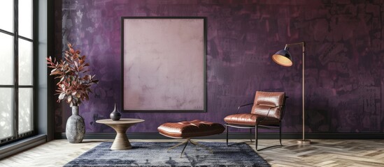 A living room featuring a violet concrete wall with a blank horizontal poster, accompanied by a leather armchair, carpet, floor lamp, and coffee table on hardwood flooring.