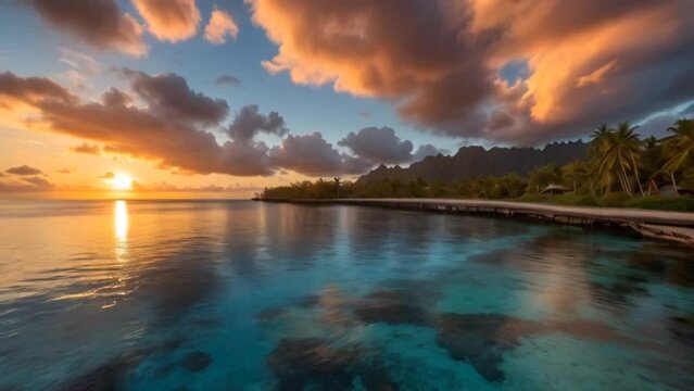 Clear blue water ocean with a view of sunset in blue and orange sky