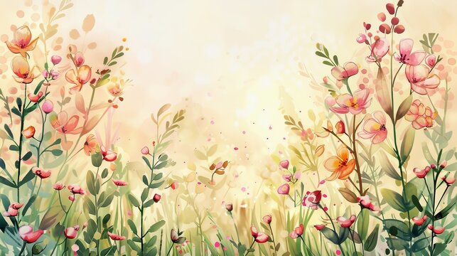 Generative AI image of a sunny watercolor field with floating pink petals