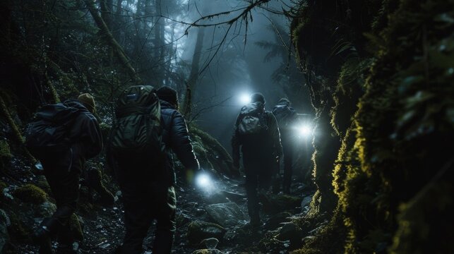 A group of hikers trudge through a dense forest flashlights ting through the darkness as they search for a hidden cave. Inside they discover ancient markings on the