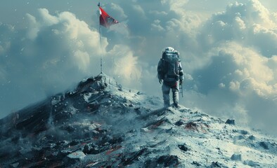 A solitary astronaut stands on a mountain peak with a flag planted, amidst clouds, depicting space exploration or a sci-fi adventure.