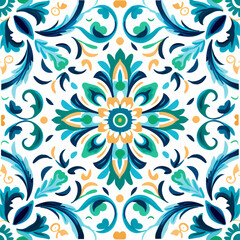 Fototapeta na wymiar Ethnic folk ceramic tile in talavera style with turquoise blue floral ornament. Italian seamless pattern, traditional Portuguese and Spain decor. Mediterranean porcelain pottery on white background