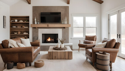 beautiful modern living room with fireplace and black and white decor