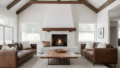 Fototapeta premium beautiful modern living room with fireplace and black and white decor