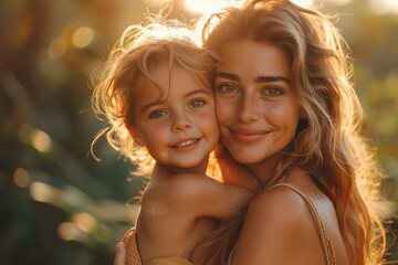 Warm portrait of a smiling woman with a young girl in her arms during a golden hour sunset