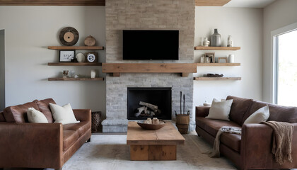 beautiful modern living room with fireplace and black and white decor