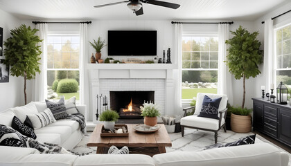 beautiful modern living room with fireplace and black and white decor