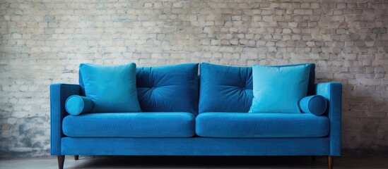 A comfortable blue couch is positioned in front of a red brick wall in an interior design setting. The contrast between the modern sofa and rustic brick creates a visually striking composition.