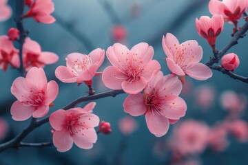 Delicate pink cherry blossoms in full bloom against a pastel blue background, signifying spring's arrival