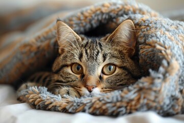Naklejka premium A cozy tabby cat with striking yellow eyes lies comfortably wrapped in a plush gray blanket, evoking warmth and relaxation