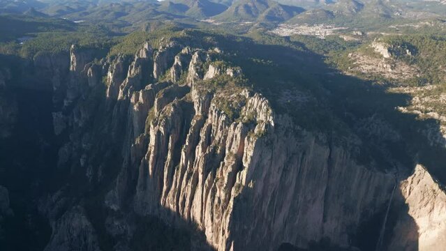 Copper canyon aerial of Mexico Chihuahua state landmark at sunset drone aerial Basaseachi fall national park 