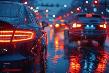 Rain creates reflective surfaces on city streets with blurred traffic lights and cars at night symbolizing urban life and weather conditions