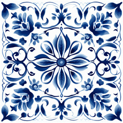 Ethnic folk ceramic tile in talavera style with navy blue floral ornament. Italian seamless pattern, traditional Portuguese and Spain decor. Mediterranean porcelain pottery on white background