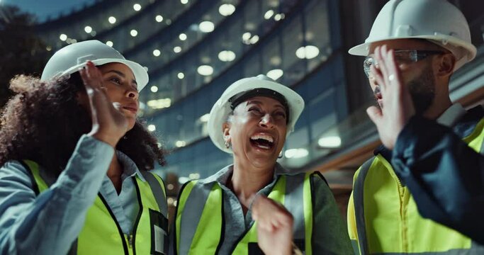 Engineering success, construction site or happy people high five for development goals, tablet or target. Night, city or excited engineers in celebration of safety bonus, architecture or teamwork
