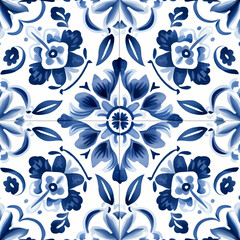 Ethnic folk ceramic tile in talavera style with navy blue floral ornament. Italian seamless pattern, traditional Portuguese and Spain decor. Mediterranean porcelain pottery on white background - obrazy, fototapety, plakaty