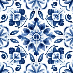 Stof per meter Ethnic folk ceramic tile in talavera style with navy blue floral ornament. Italian seamless pattern, traditional Portuguese and Spain decor. Mediterranean porcelain pottery on white background © ratatosk