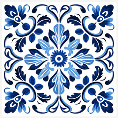 Ethnic folk ceramic tile in talavera style with navy blue floral ornament. Italian seamless pattern, traditional Portuguese and Spain decor. Mediterranean porcelain pottery on white background