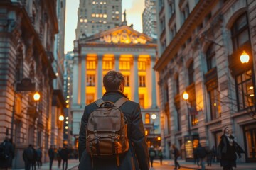 Fototapeta na wymiar A solitary man walks through an illuminated cityscape during twilight, evoking a sense of exploration and introspection