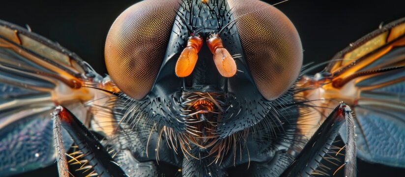 This close-up shot showcases a flesh fly insect with intricate details on a stark black background. The insects features are clear and detailed, providing a unique view of this common insect.