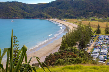 View of Matauri bay beach and campground, Northland, New Zealand