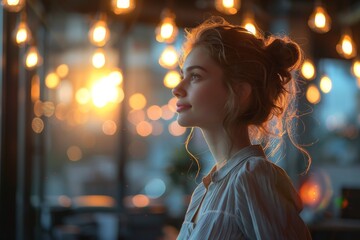 Serene Evening Vibe with Bokeh Lights and Silhouette Profile against a Sunset Backdrop
