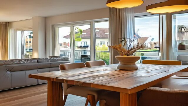 Interior of modern living room with wooden table and sofa. Nobody inside