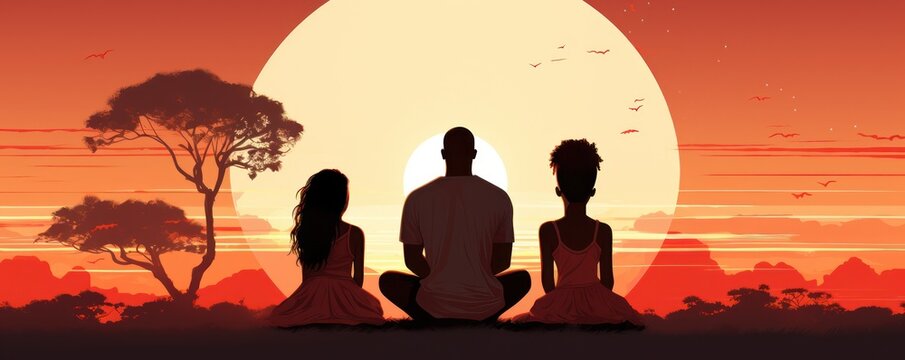 Close up of a peaceful African family meditation session at dawn in 2D flat design with a white background embodying tranquility and mindfulness