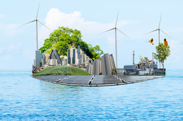 Floating city, a city using clean energy of the future to reduce global warming on natural...