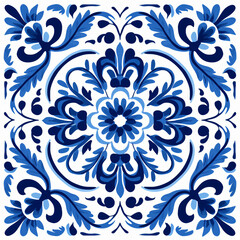 Fototapeta na wymiar Ethnic folk ceramic tile in talavera style with navy blue floral ornament. Italian seamless pattern, traditional Portuguese and Spain decor. Mediterranean porcelain pottery on white background