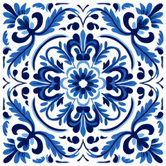 Ethnic folk ceramic tile in talavera style with navy blue floral ornament. Italian seamless pattern, traditional Portuguese and Spain decor. Mediterranean porcelain pottery on white background