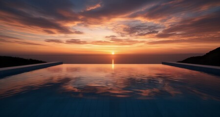 Tranquil sunset by the infinity pool - obrazy, fototapety, plakaty