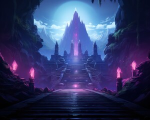 Gaming adventure quest strategy exploration a video game setting in neon lit ancient ruins digital art style minimalist with game elements highlighted in neon