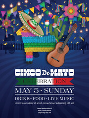Cinco de Mayo poster with donkey pinata with sombrero and guitar. Cinco de Mayo flyer with colorful pennants, and star pinatas