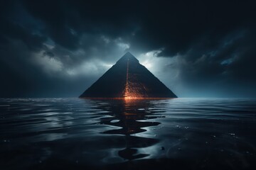 History forgotten depth illumination silence a drone capturing the eerie glow of a submerged pyramid drone perspective style minimalist with neon hieroglyphs