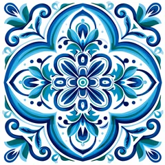 Gordijnen Ethnic folk ceramic tile in talavera style with turquoise blue floral ornament. Italian seamless pattern, traditional Portuguese and Spain decor. Mediterranean porcelain pottery on white background © ratatosk