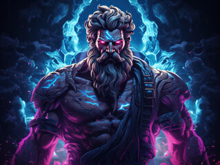 Gaming culture esports competition strategy teamwork a Zeus statue in a neon lit gaming arena digital gaming style minimalist with vibrant game inspired neon